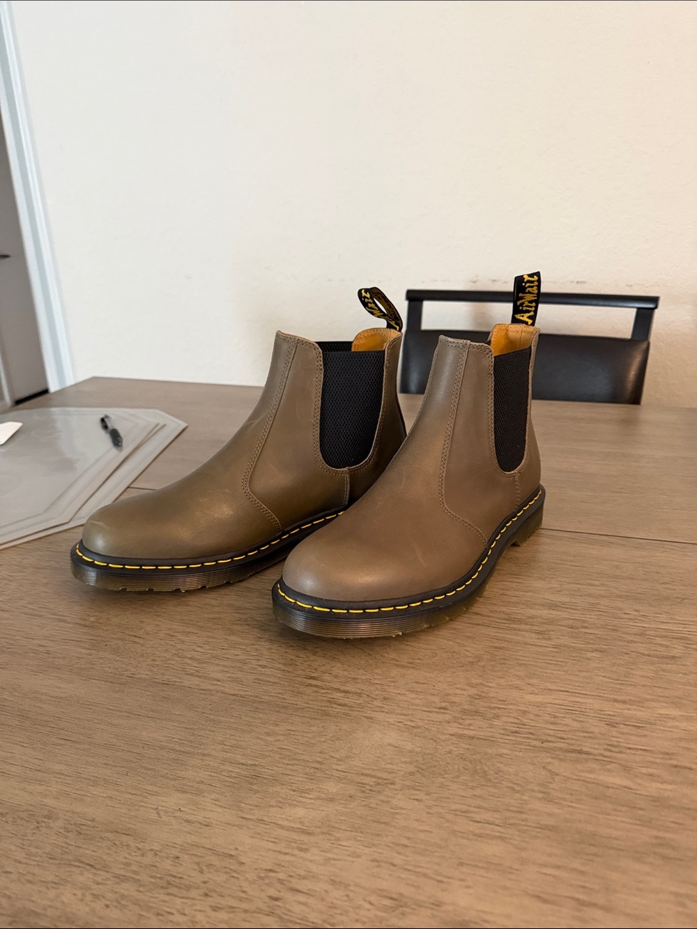 Dr. Martens Olive Green Leather Chelsea Boots with Yellow Stitching - Picture 3 of 4
